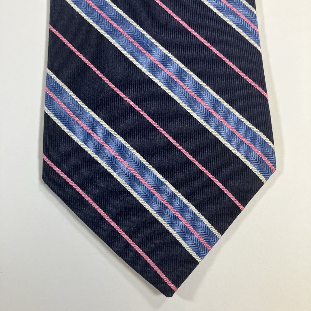 Brooks Brothers Navy Blue & Pink Striped Tie USA Made English Silk 60" x 3 3/8"